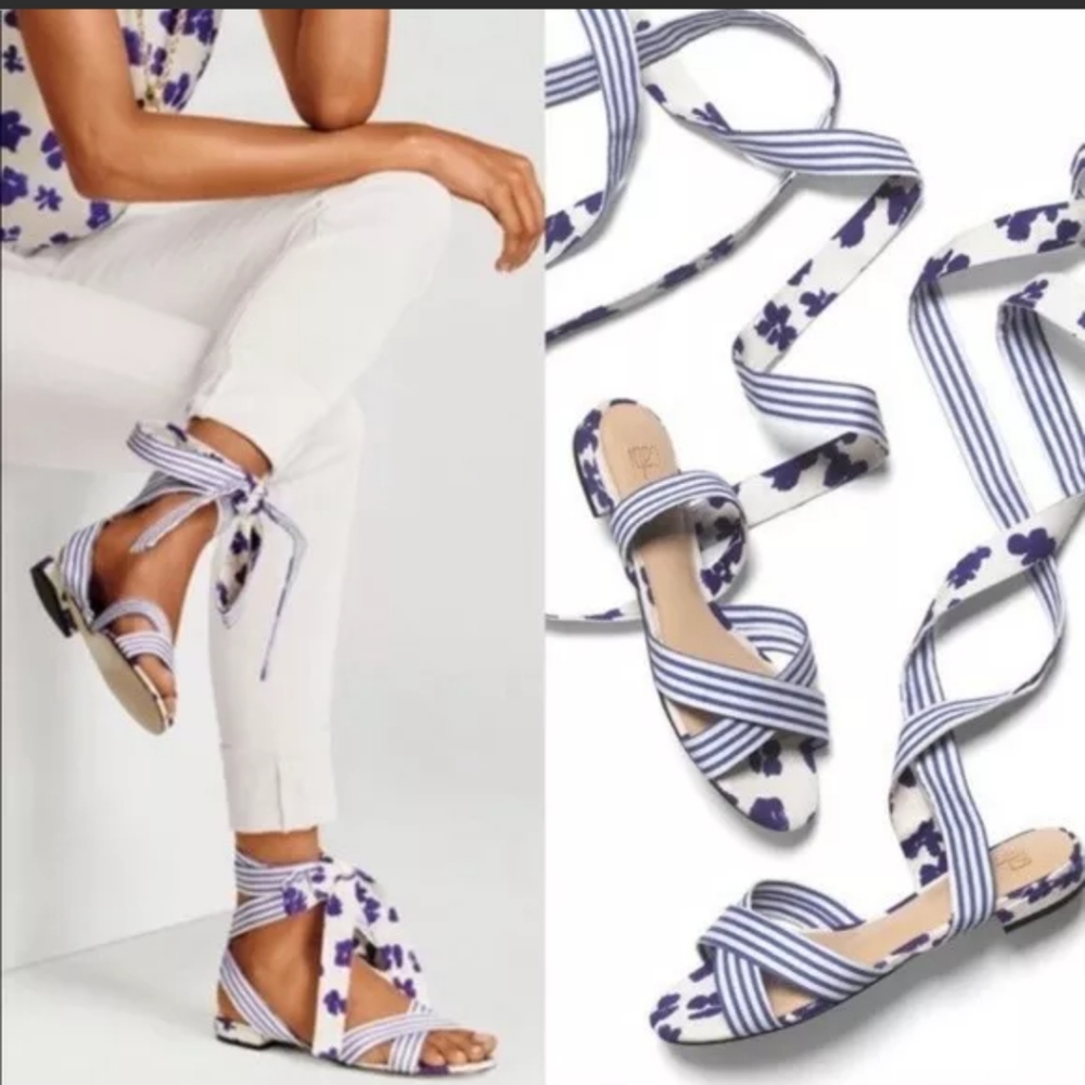 Cabi #6013 Watercolor Tied Up Sandals Shoes Blue White Stripe Floral Women's 10